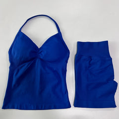 2-Piece Seamless Gym Set Women - Backless Tank Top + High Waist Scrunch Shorts Activewear