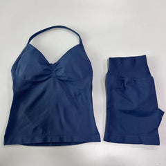 2-Piece Seamless Gym Set Women - Backless Tank Top + High Waist Scrunch Shorts Activewear