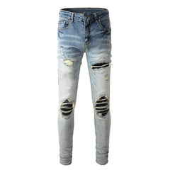 High Street Black Skinny Jeans for Men – Letter Embroidered Slim Fit Denim