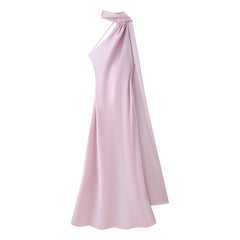 Satin Halter Backless Dress – Decorative Ribbon Evening Formal
