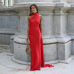 Satin Halter Backless Dress – Decorative Ribbon Evening Formal