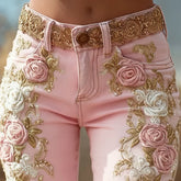 Rose Print High Waist Jeans – Vintage Buttoned Slim Trousers Autumn