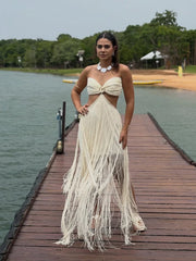 Strapless Fringe Hollow Out Dress Women - Backless Off Shoulder Bodycon