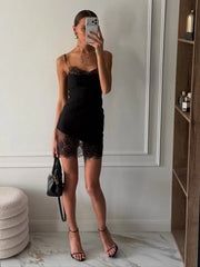 Chic Lace Trim Slip Dress for Women – See-Through Waist Cinched Mini Dress