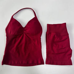 2-Piece Seamless Gym Set Women - Backless Tank Top + High Waist Scrunch Shorts Activewear