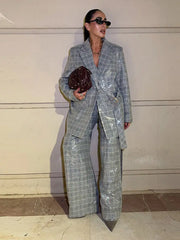 Sequin Stripe Lapel Set – Blazer Top & Wide Leg Pants with Ribbon Detail
