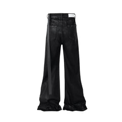Black Wax Leather Stretch Jeans Men - Y2K Baggy Flare Streetwear Denim