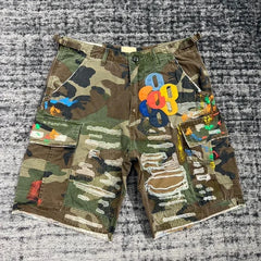 Camouflage Spliced Faux Leather Shorts – Retro Washed Knee-Length Denim for Men & Women