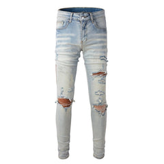 High Street Black Skinny Jeans for Men – Letter Embroidered Slim Fit Denim