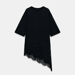 Elegant Lace-Trim Patchwork Blouse for Women – Asymmetrical Hem Solid Top | 2026