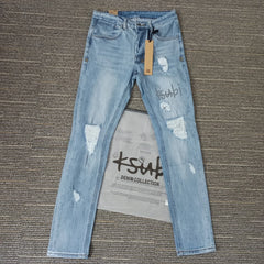 Retro Low Rise Skinny Jeans - Light Blue Ripped Stretch Denim - Unisex