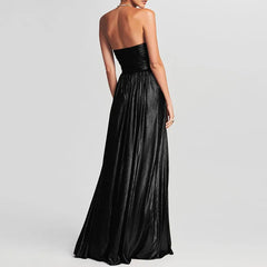 2026 Strapless Backless Slit Maxi Dress – High-Waist Hollow Bronzing Pleated Long Dress
