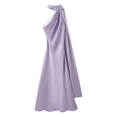 Satin Halter Backless Dress – Decorative Ribbon Evening Formal