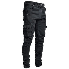 Men's Cargo Denim Jeans – Solid Color Mid-Rise Washed Jeans with Multi Pockets