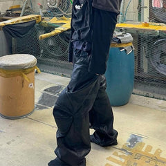 Vintage Wax Coated Cargo Pants Men - Black Wide Leg Baggy Streetwear Trousers