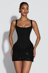 Sequin Patchwork Mini Dress for Women – Chic Off-Shoulder Backless Sling Dress with Waist Cinching