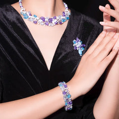 Sterling Silver CZ Jewelry Set – Purple Blue Leaf Design 3-Piece