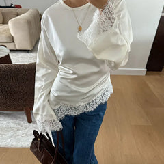 Elegant Lace-Trim Patchwork Blouse for Women – Asymmetrical Hem Solid Top | 2026