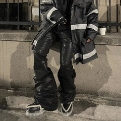 Black Wax Leather Stretch Jeans Men - Y2K Baggy Flare Streetwear Denim