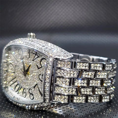 Luxury-Inspired Stainless Steel Men's Watch – Iced-Out Tonneau Dial with Simulated Diamonds