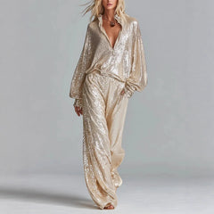 Sequined Two Piece Set – Lantern Sleeve Top & Wide Leg Pants