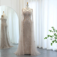 Dubai Champagne Mermaid Evening Dress – Aqua Criss Cross Cape Sleeve Gown
