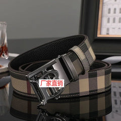 Men's Genuine Cowhide Leather Belt – Tartan Pattern with Letter Buckle