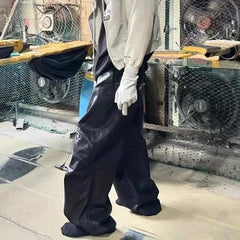 Vintage Wax Coated Cargo Pants Men - Black Wide Leg Baggy Streetwear Trousers