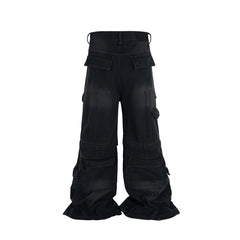 Vintage Washed Detachable Flared Cargo Overalls - Men's Baggy Boot Cut Streetwear Trousers