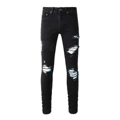 High Street Black Skinny Jeans for Men – Letter Embroidered Slim Fit Denim