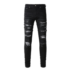 High Street Black Skinny Jeans for Men – Letter Embroidered Slim Fit Denim