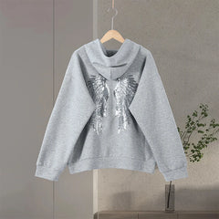 Women's Grey Sequin Angel Wings Crop Hoodie & Sweatpants Set