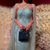 Dubai Champagne Mermaid Evening Dress – Aqua Criss Cross Cape Sleeve Gown