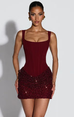Sequin Patchwork Mini Dress for Women – Chic Off-Shoulder Backless Sling Dress with Waist Cinching