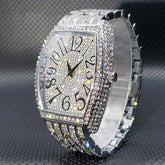 Luxury-Inspired Stainless Steel Men's Watch – Iced-Out Tonneau Dial with Simulated Diamonds