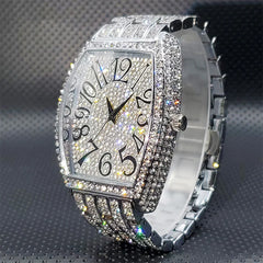Luxury-Inspired Stainless Steel Men's Watch – Iced-Out Tonneau Dial with Simulated Diamonds