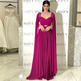 Fuchsia Chiffon Evening Dress with Cape Sleeves – Elegant Yellow Accent Arabic Formal Gown