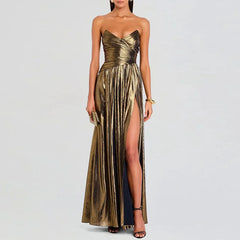 2026 Strapless Backless Slit Maxi Dress – High-Waist Hollow Bronzing Pleated Long Dress