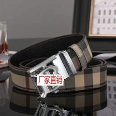 Men's Genuine Cowhide Leather Belt – Tartan Pattern with Letter Buckle