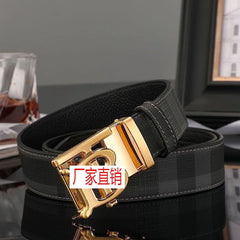 Men's Genuine Cowhide Leather Belt – Tartan Pattern with Letter Buckle