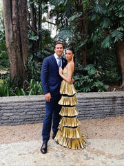 Golden Pleated Evening Dress – Polyester Spandex Hand Wash Only