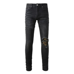 High Street Black Skinny Jeans for Men – Letter Embroidered Slim Fit Denim