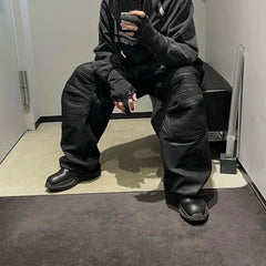 Vintage Wax Coated Cargo Pants Men - Black Wide Leg Baggy Streetwear Trousers
