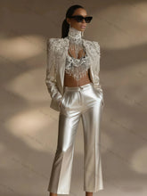 Crystal Embellished Satin Suit Set – Blazer & Pants for Wedding Guest