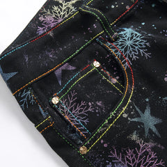 Men's Black Graphic Jeans – Neon Snowflake Star Print Slim Straight