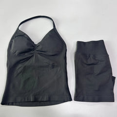 2-Piece Seamless Gym Set Women - Backless Tank Top + High Waist Scrunch Shorts Activewear