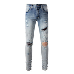High Street Black Skinny Jeans for Men – Letter Embroidered Slim Fit Denim