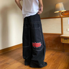 Hip Hop Splice Retro Wide Leg Jeans – Baggy Cargo Pants for Women