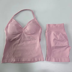 2-Piece Seamless Gym Set Women - Backless Tank Top + High Waist Scrunch Shorts Activewear
