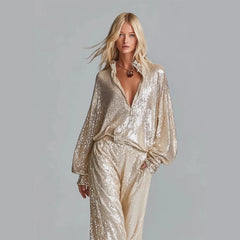 Sequined Two Piece Set – Lantern Sleeve Top & Wide Leg Pants